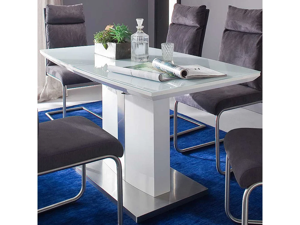 Ausziehbarer Säulen Esstisch mit Glas beschichtet Weiß Hochglanz