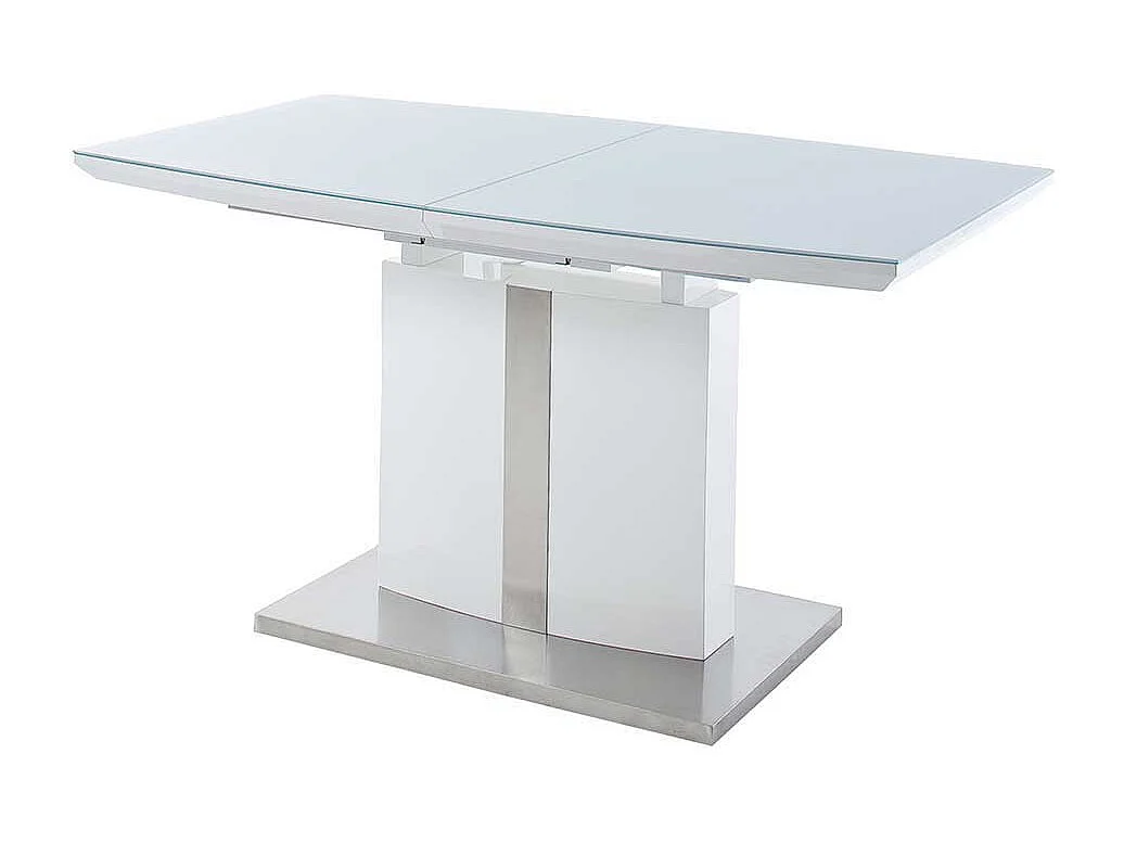 Ausziehbarer Säulen Esstisch mit Glas beschichtet Weiß Hochglanz