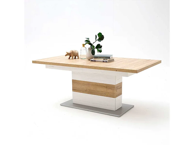 Ausziehbarer Landhaus Esstisch in Weiß und Eichefarben Säulengestell