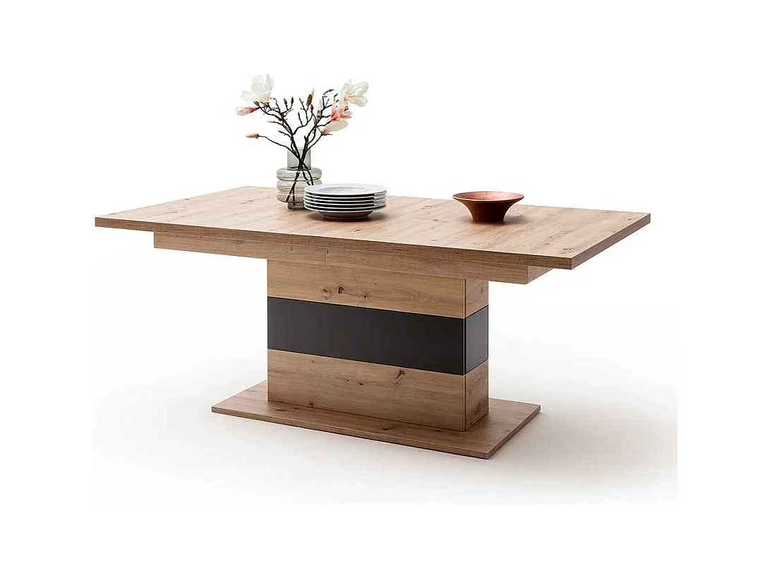 Ausziehbarer Esstisch mit Säulengestell Eiche Optik und Anthrazit