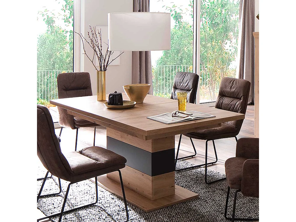 Ausziehbarer Esstisch mit Säulengestell Eiche Optik und Anthrazit