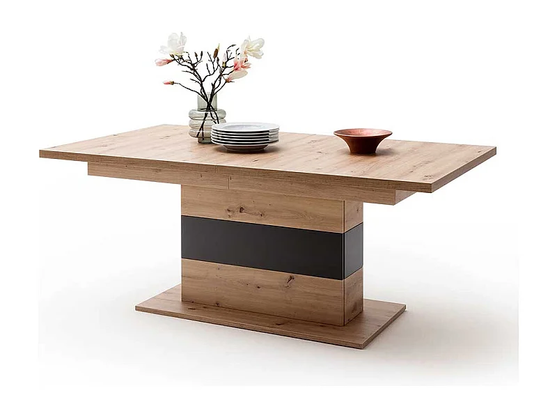 Ausziehbarer Esstisch mit Säulengestell Eiche Optik und Anthrazit