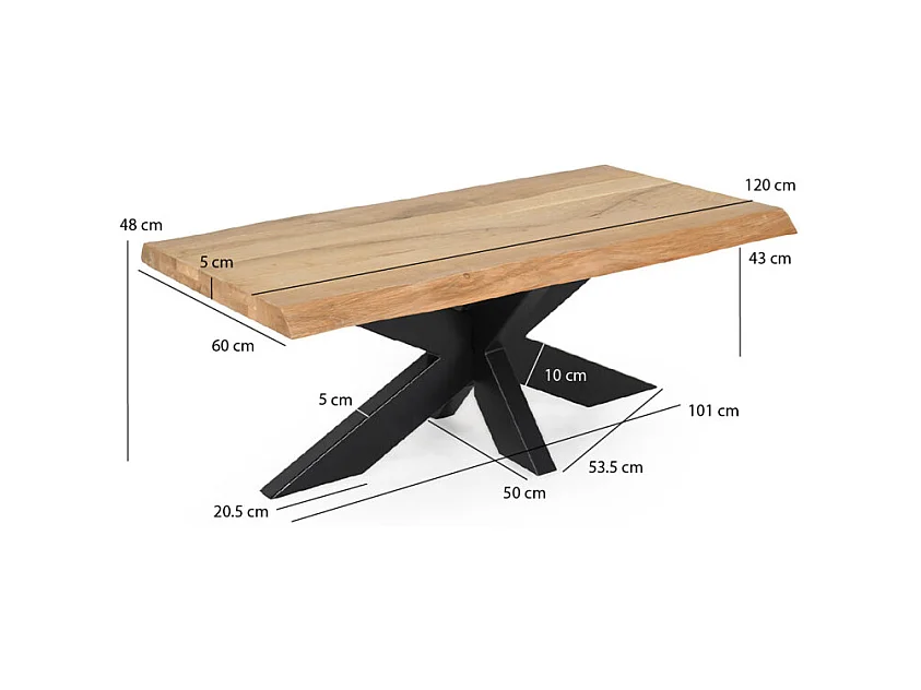 Table basse 120 x 60 cm en chêne clair massif et métal noir - OTTAWA