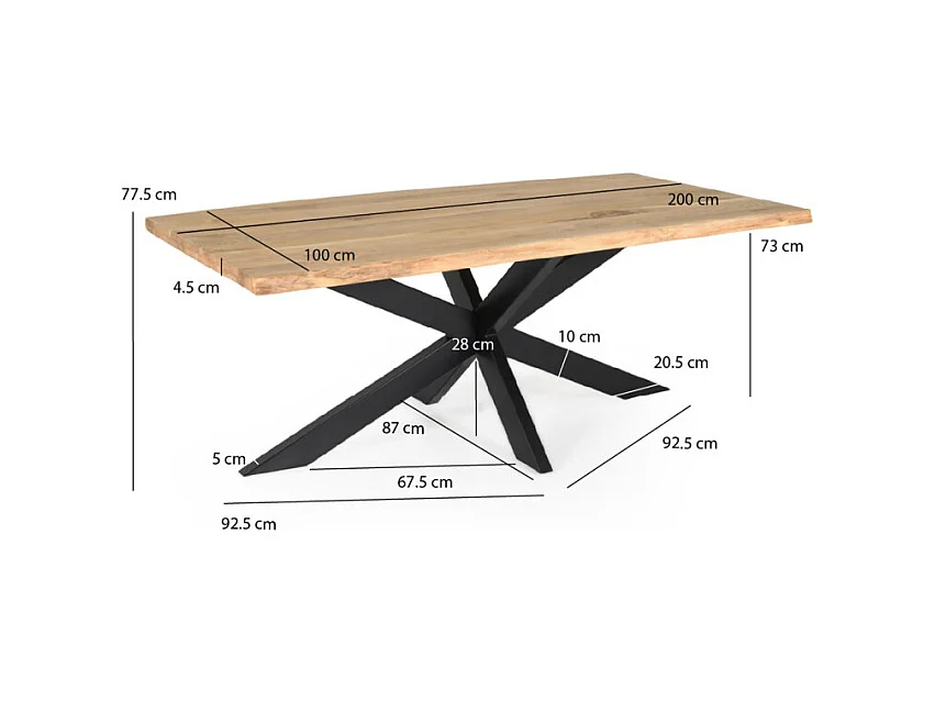 Table 200 x 100 cm bois de chêne et pied croix en métal noir - OTTAWA