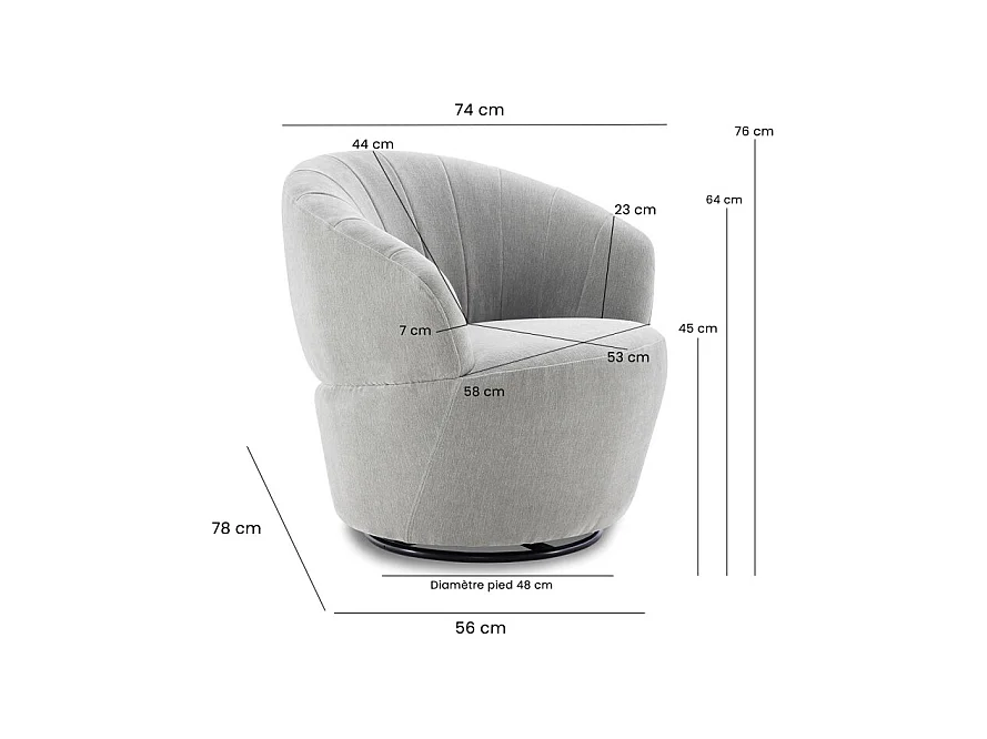 Fauteuil rond pivotant 360° tissu doux microfibre gris – COROLLA