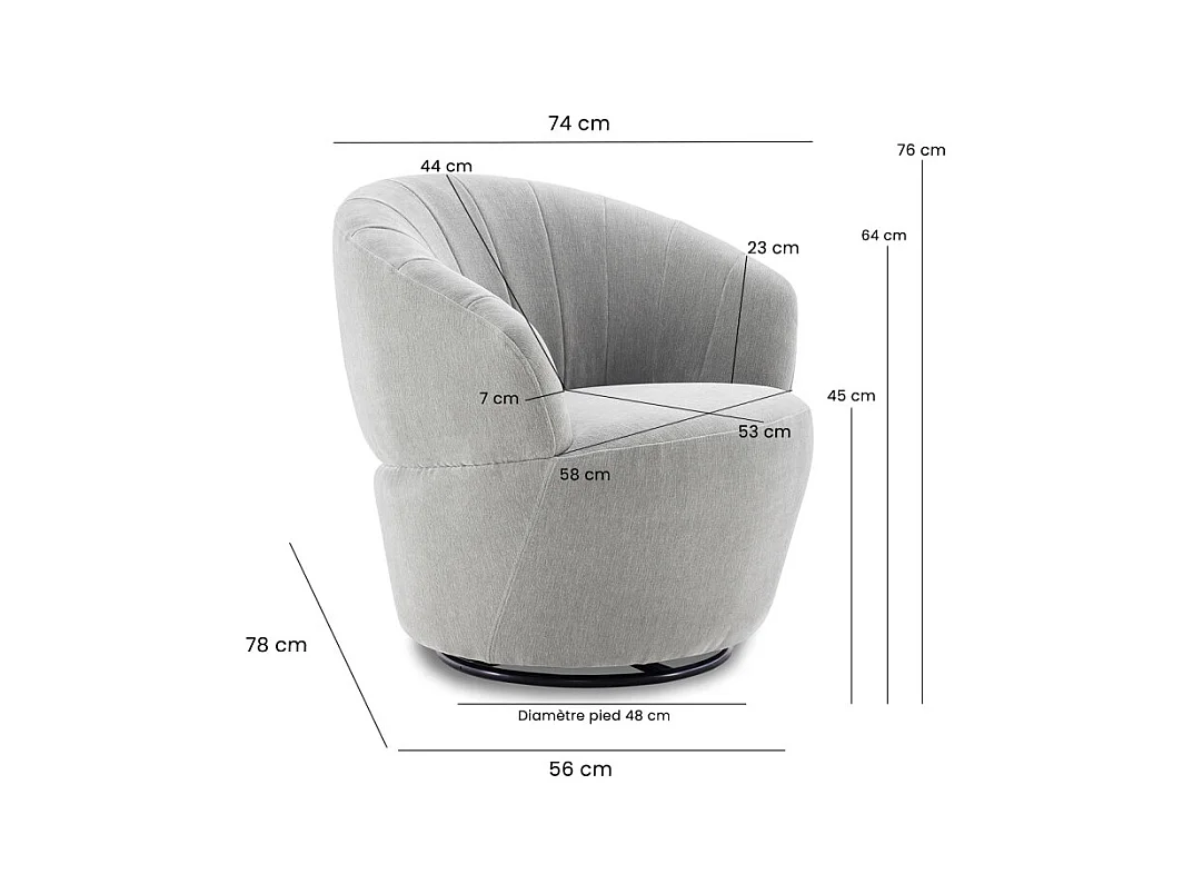 Fauteuil rond pivotant 360° tissu doux microfibre gris – COROLLA