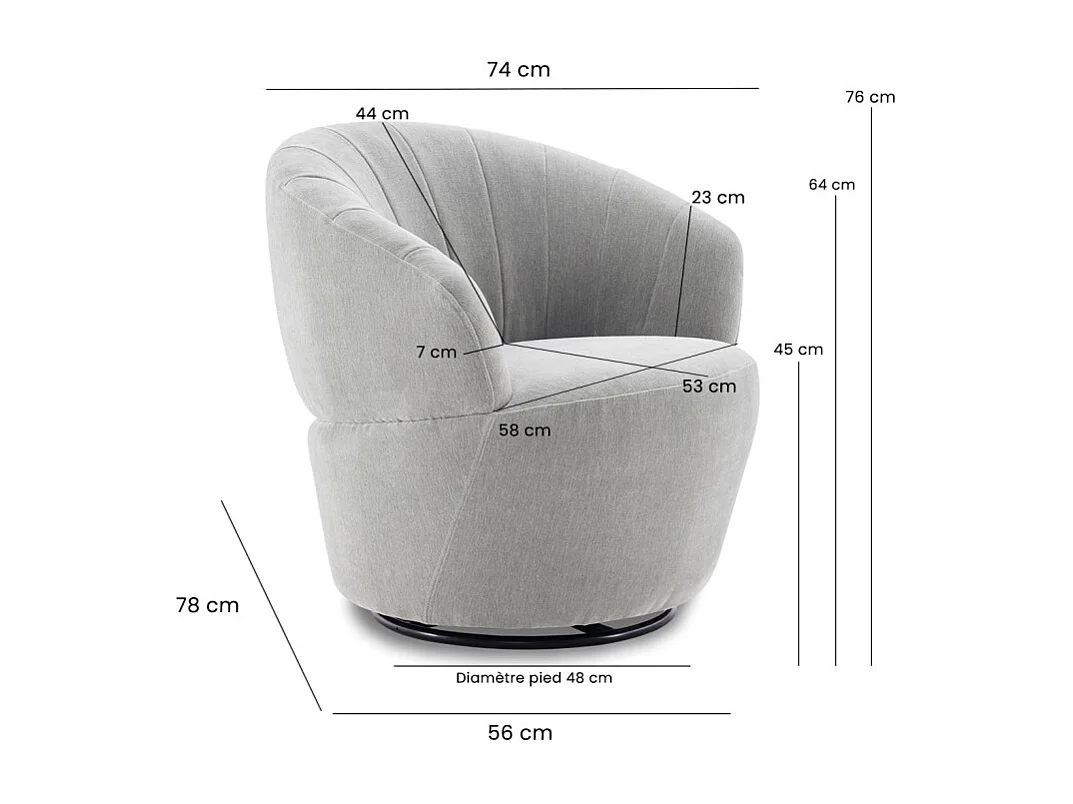 Fauteuil rond pivotant 360° tissu doux microfibre gris – COROLLA