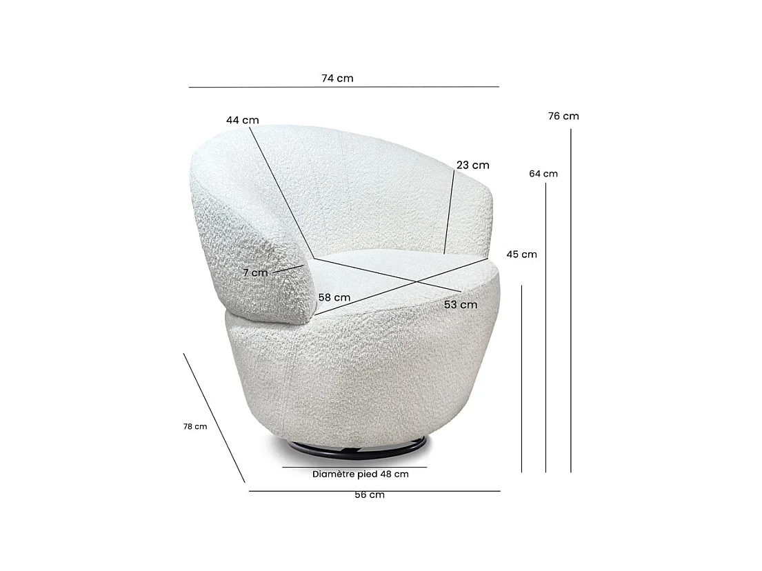 Fauteuil rond pivotant 360° tissu bouclé blanc cassé – COROLLA