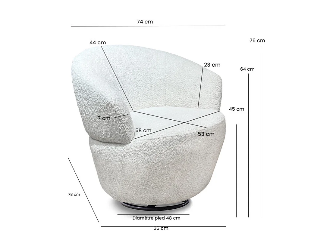 Fauteuil rond pivotant 360° tissu bouclé blanc cassé – COROLLA