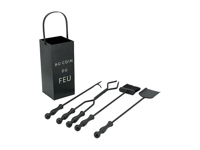 Valet de cheminée carré noir avec 4 accessoires – "Au coin du feu"