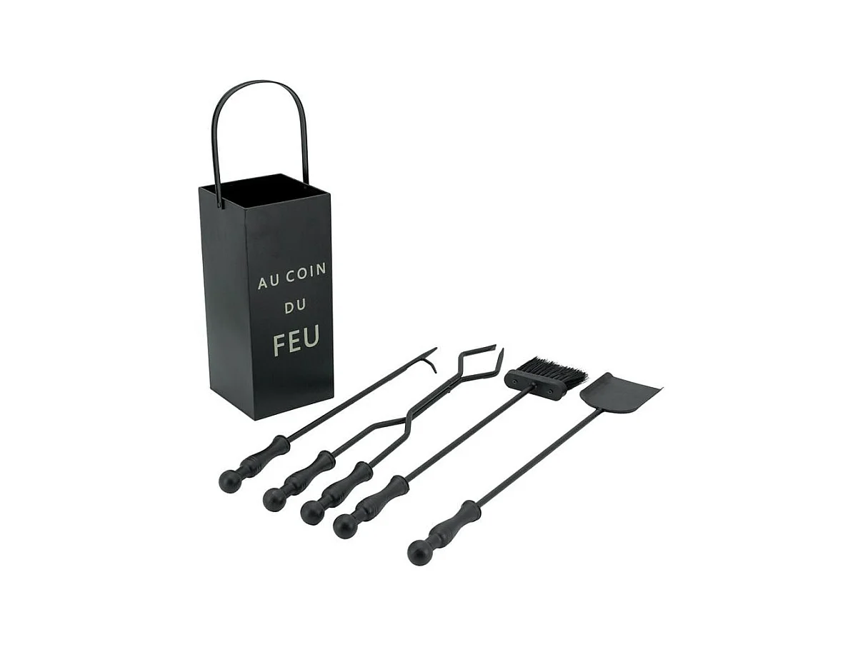 Valet de cheminée carré noir avec 4 accessoires – "Au coin du feu"