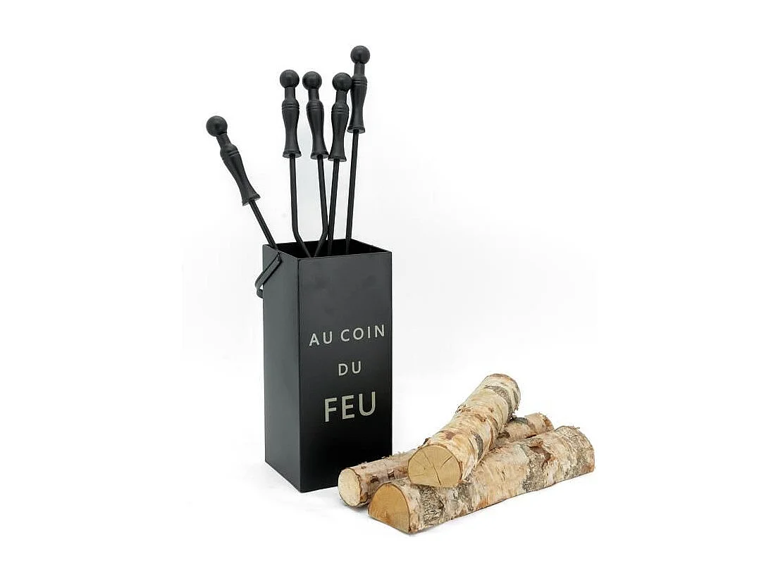 Valet de cheminée carré noir avec 4 accessoires – "Au coin du feu"