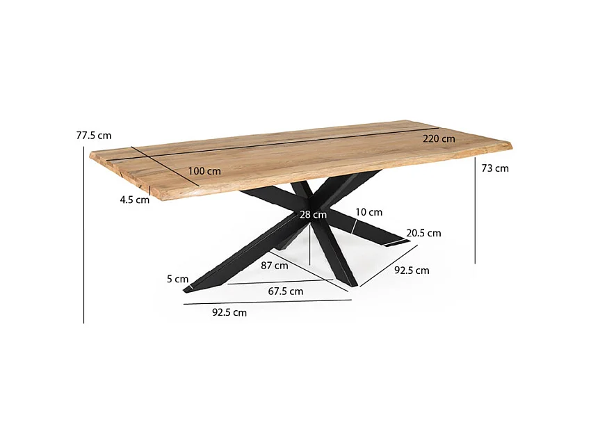 Table 220 x 100 cm bois de chêne et pied croix en métal noir - OTTAWA