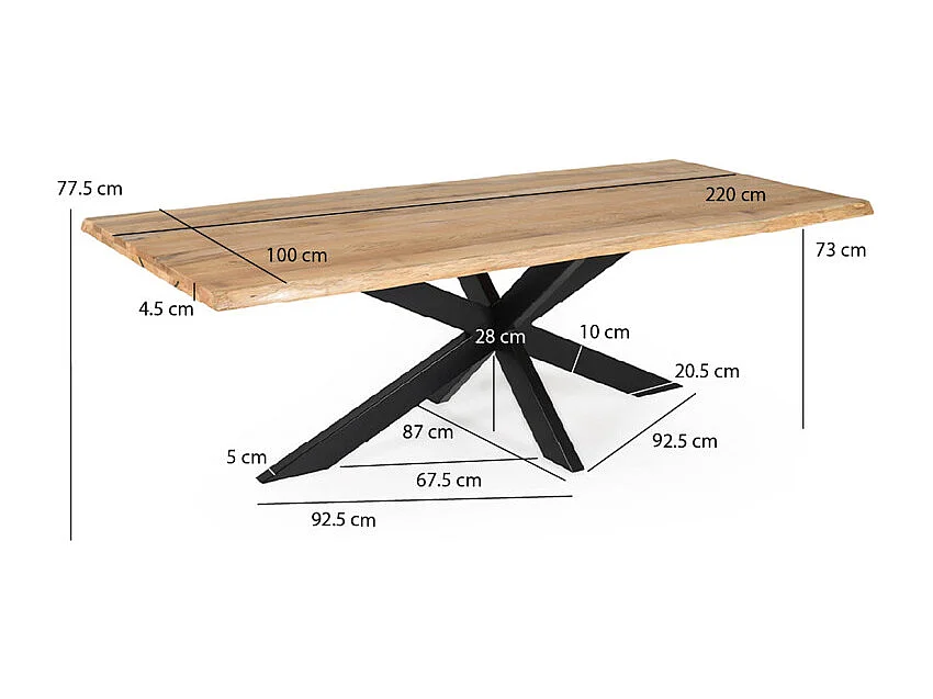 Table 220 x 100 cm bois de chêne et pied croix en métal noir - OTTAWA