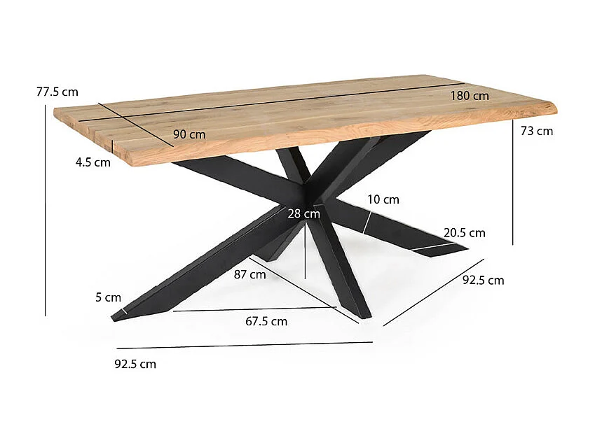Table 180 x 90 cm bois de chêne et pied croix en métal noir - OTTAWA