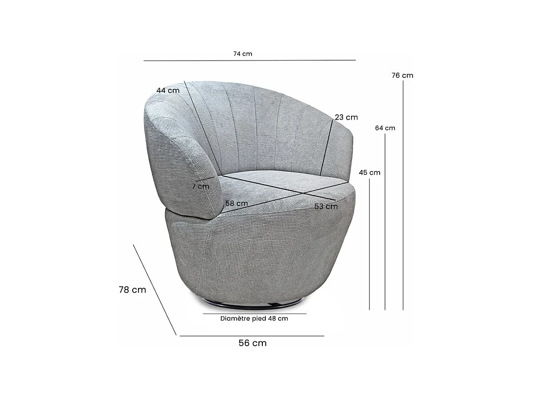 Fauteuil rond pivotant 360° tissu chenille doux gris – COROLLA