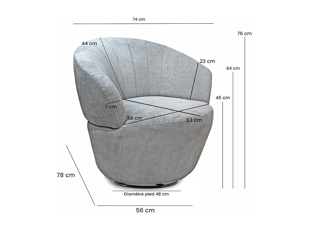 Fauteuil rond pivotant 360° tissu chenille doux gris – COROLLA