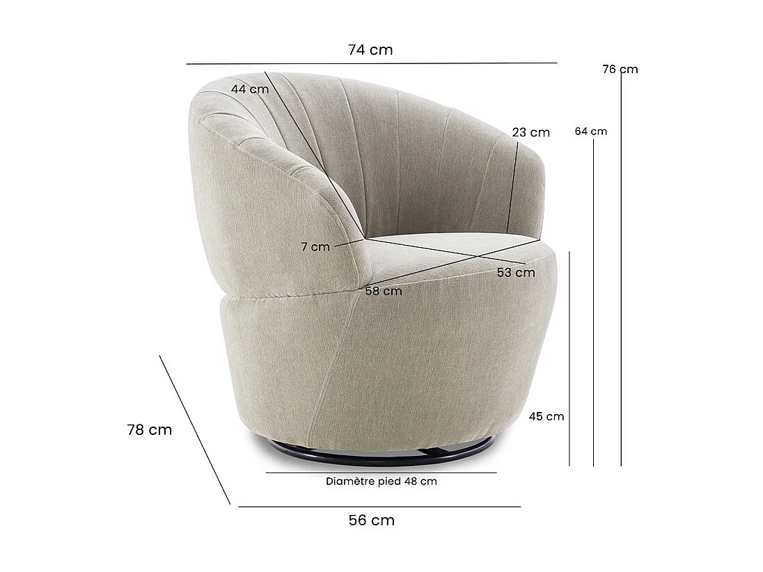 Fauteuil rond pivotant 360° tissu doux microfibre taupe – COROLLA