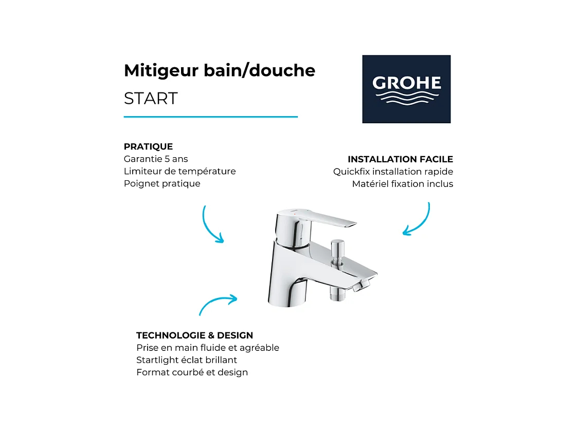 Mitigeur bain douche monotrou GROHE Start 2021 Quickfix + Douchette 2 jets GROHE Vitalio Start 110
