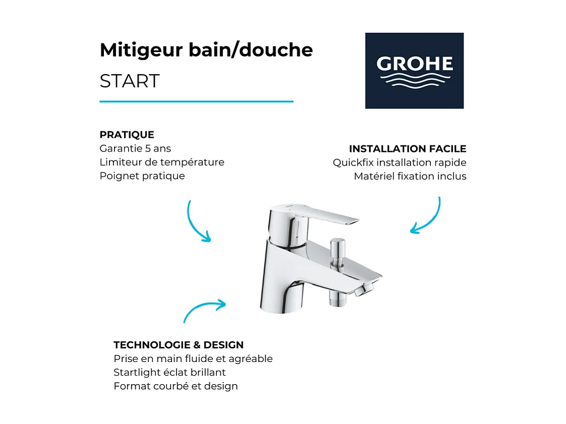 Mitigeur bain douche monotrou GROHE Start 2021 Quickfix + Douchette 2 jets GROHE Vitalio Start 110