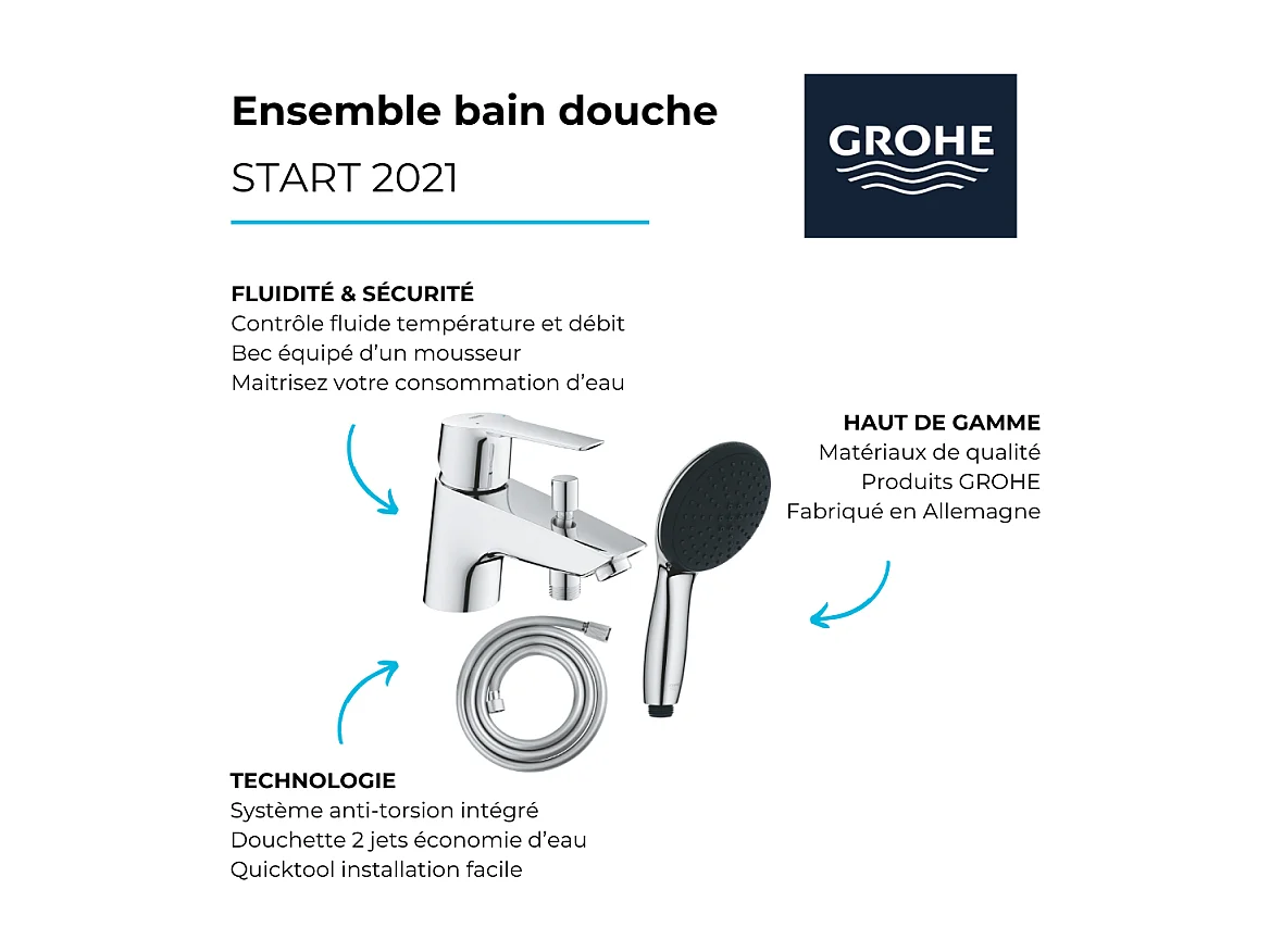 Ensemble bain douche monotrou GROHE Start 2021 Quickfix + Douchette 2 jets et flexible