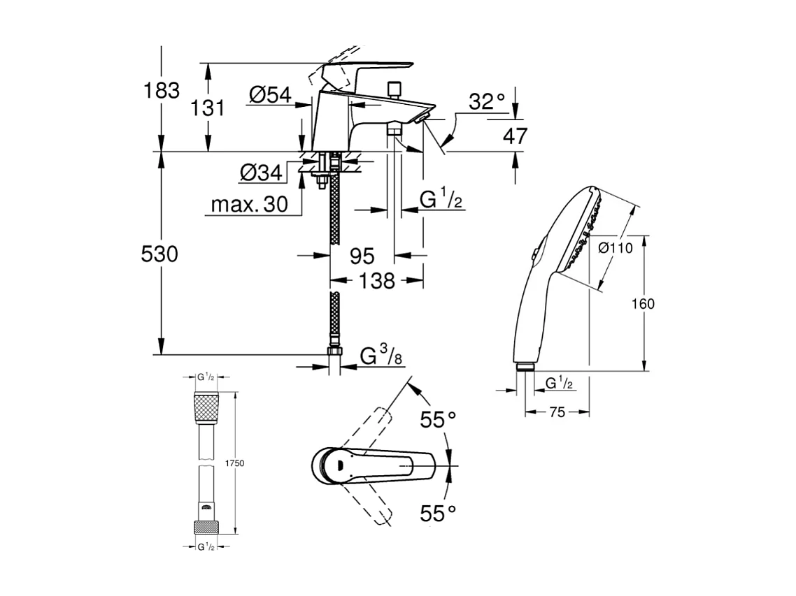 Ensemble bain douche monotrou GROHE Start 2021 Quickfix + Douchette 2 jets et flexible
