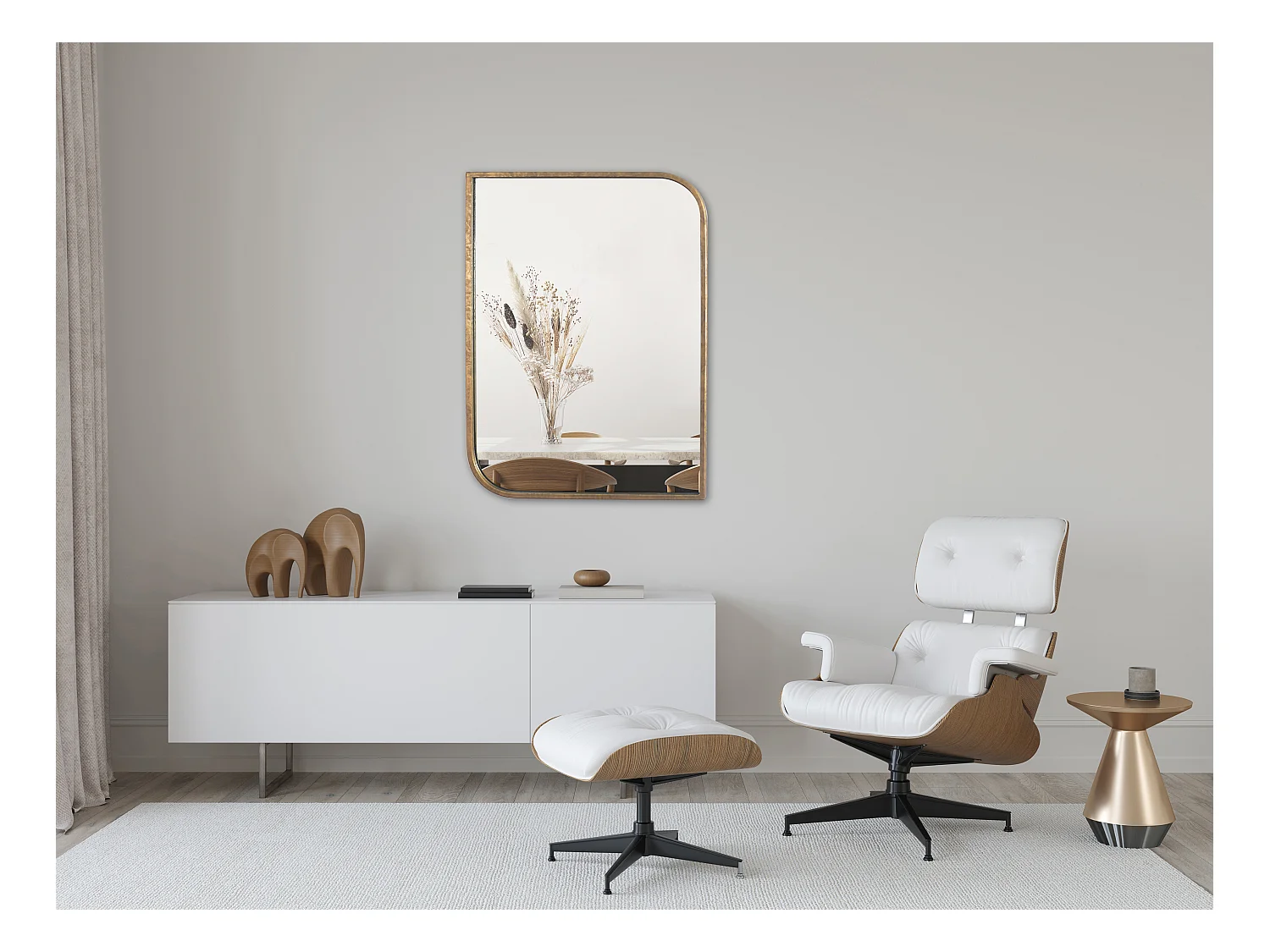 Miroir rectangle coins asymétriques arrondis métal doré 76x56cm