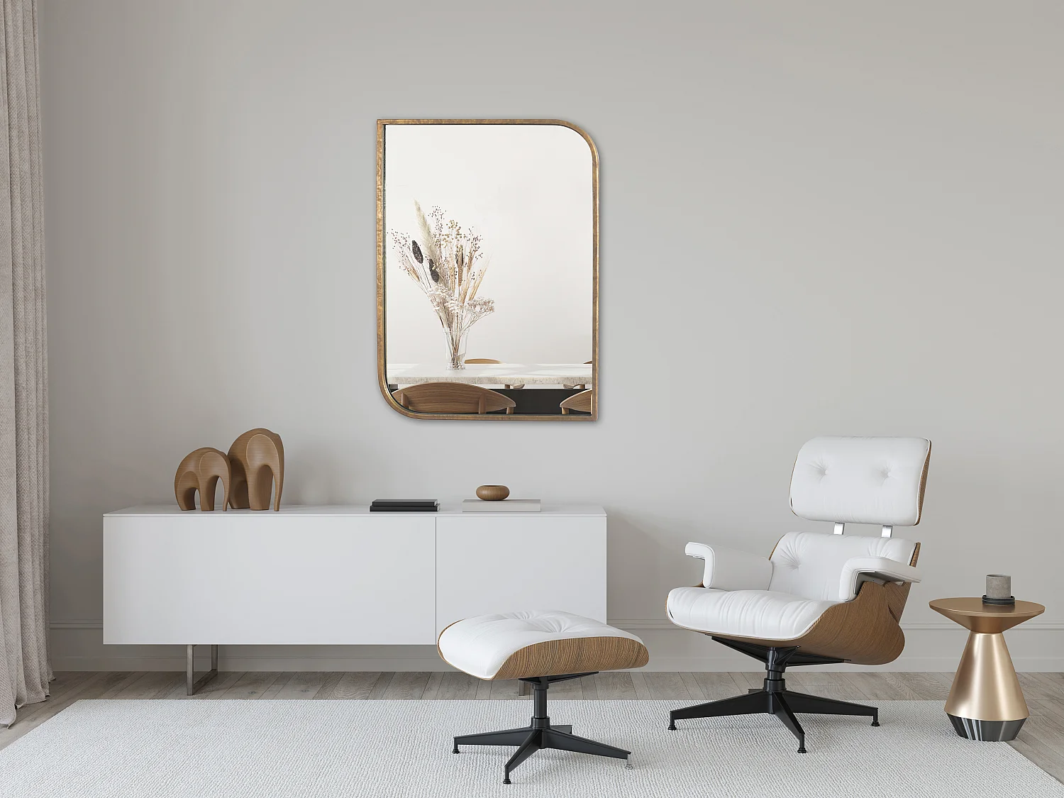 Miroir rectangle coins asymétriques arrondis métal doré 76x56cm