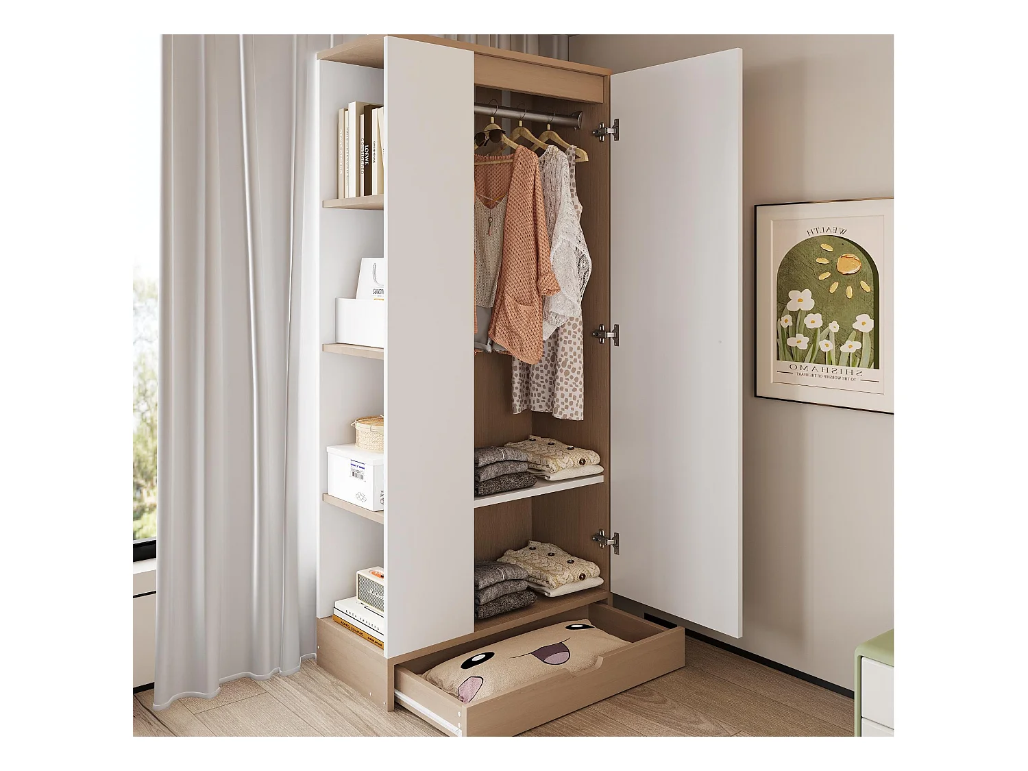 Kleiderschrank 70x40x170 cm - 1 Tür & 1 Schublade mit Regal - Weiß