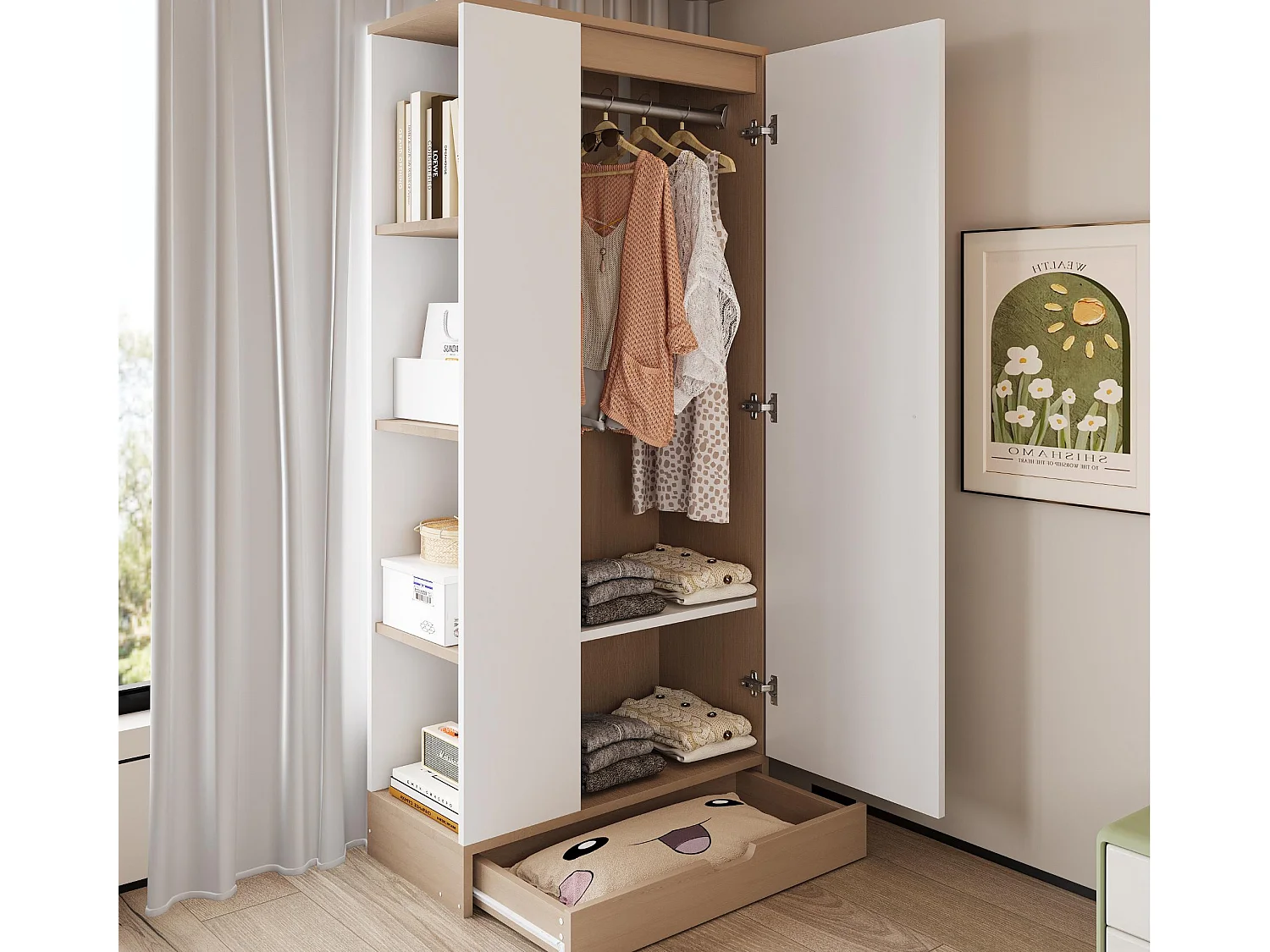 Kleiderschrank 70x40x170 cm - 1 Tür & 1 Schublade mit Regal - Weiß