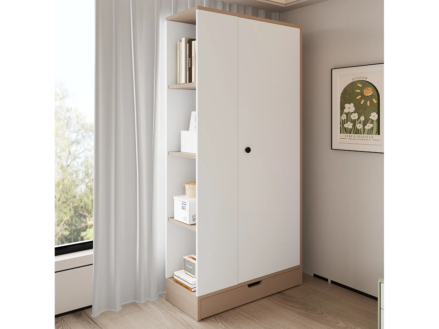 Kleiderschrank 70x40x170 cm - 1 Tür & 1 Schublade mit Regal - Weiß