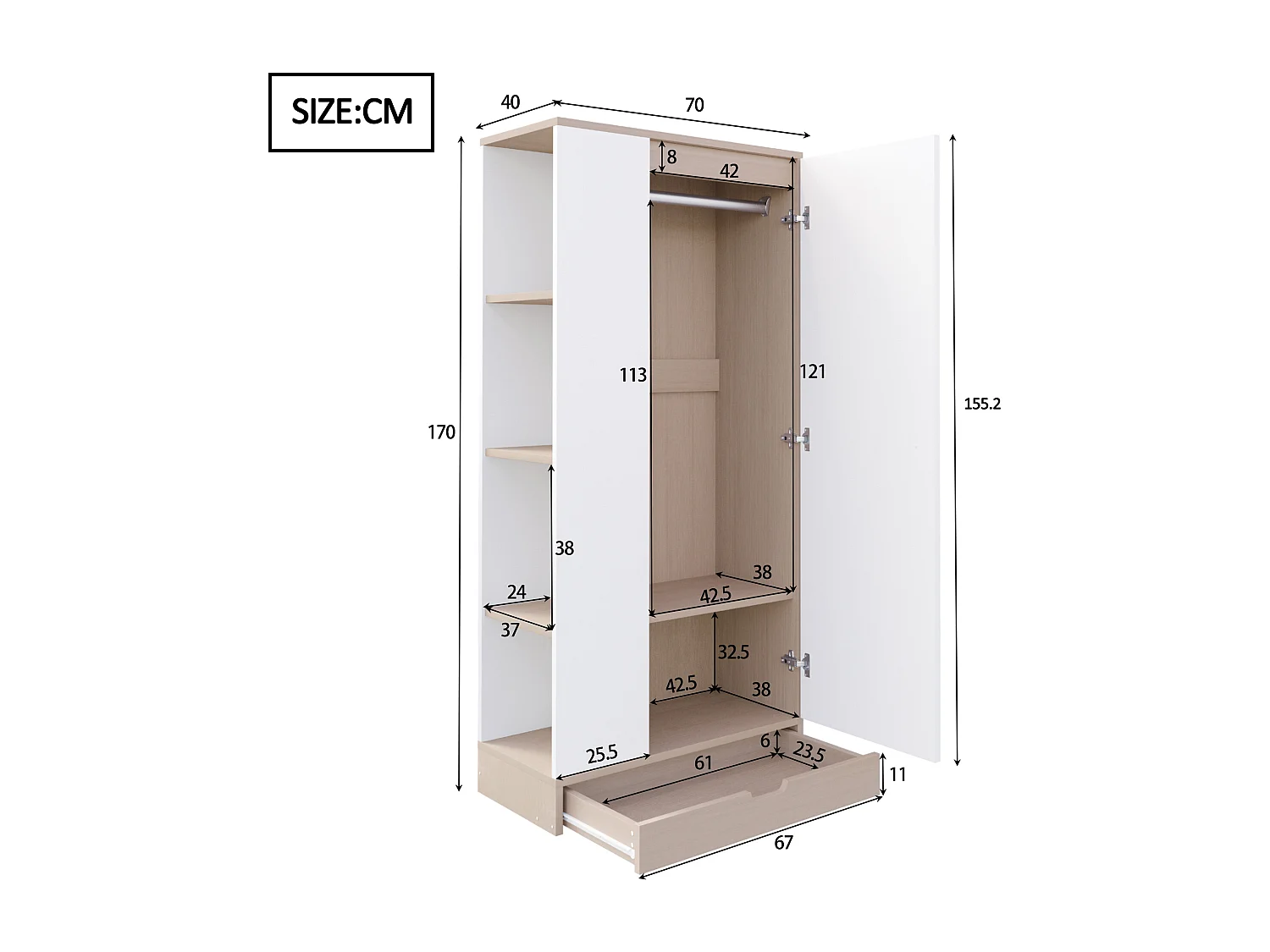 Kleiderschrank 70x40x170 cm - 1 Tür & 1 Schublade mit Regal - Weiß