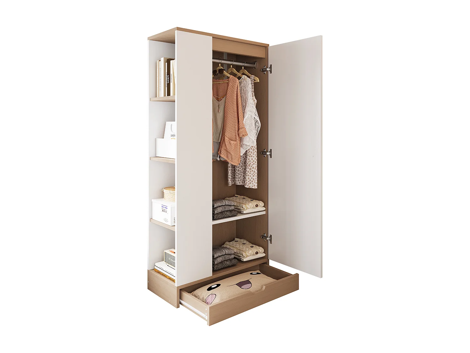 Kleiderschrank 70x40x170 cm - 1 Tür & 1 Schublade mit Regal - Weiß