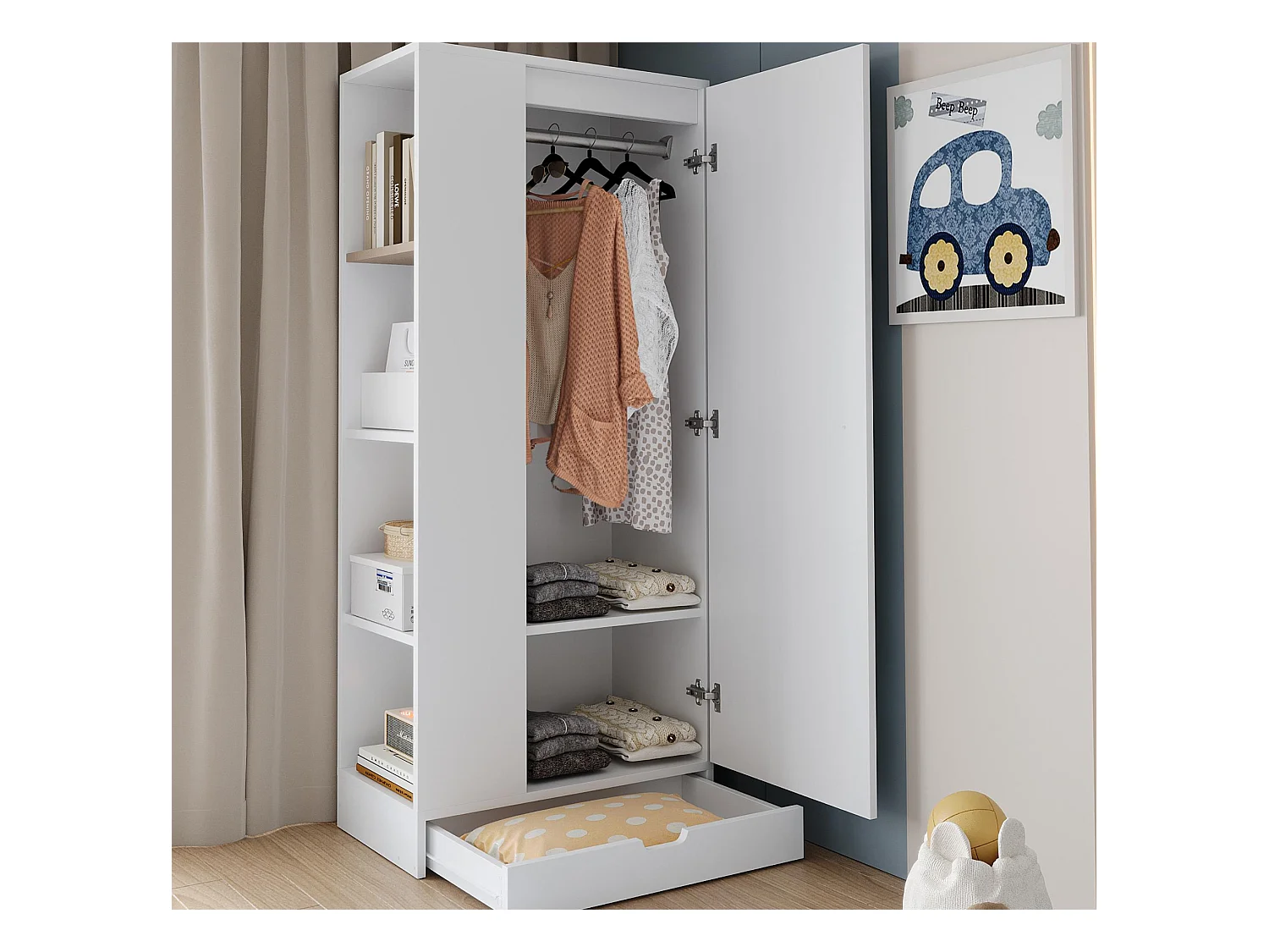 Armoire 70x40x170 cm - 1 porte - avec étagères - 1 tiroir - Blanc