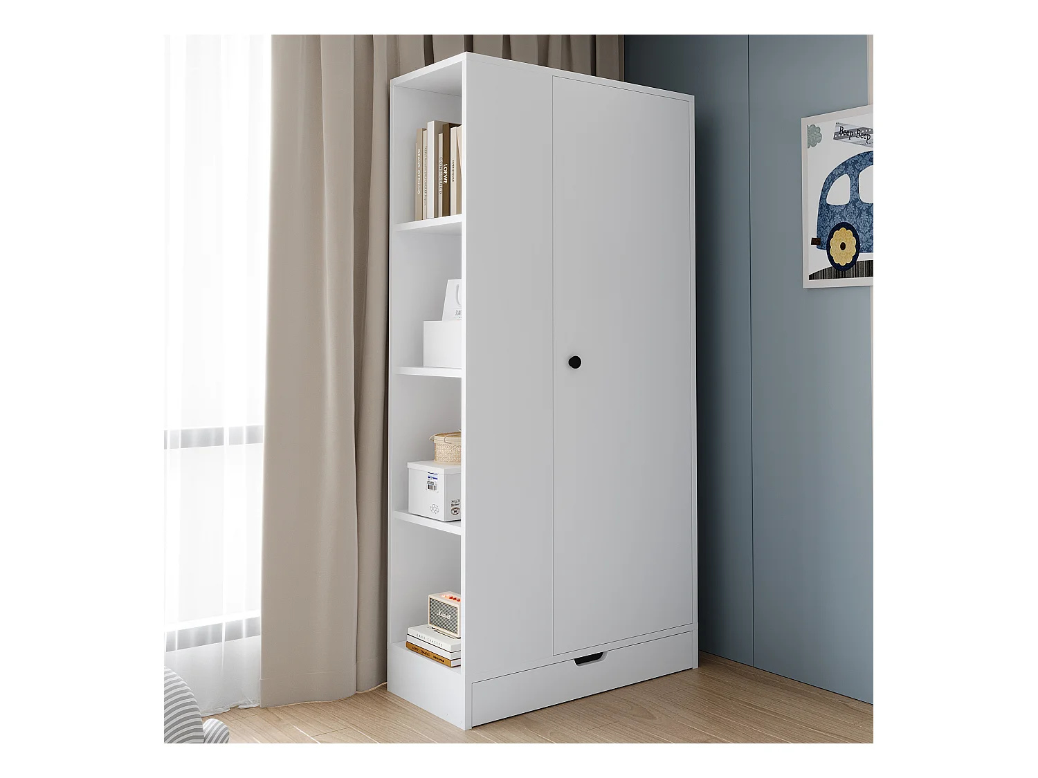 Armoire 70x40x170 cm - 1 porte - avec étagères - 1 tiroir - Blanc