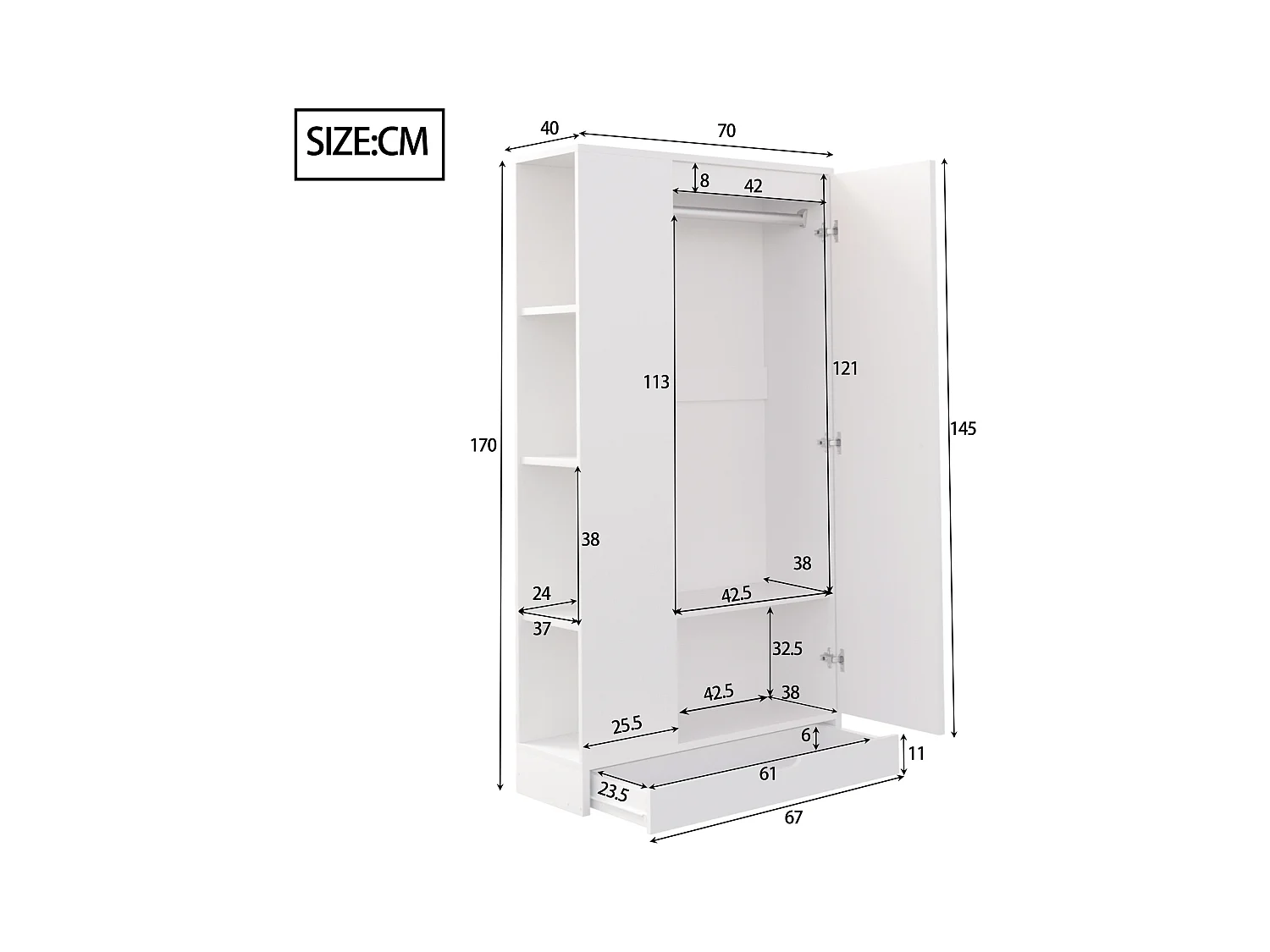 Armoire 70x40x170 cm - 1 porte - avec étagères - 1 tiroir - Blanc