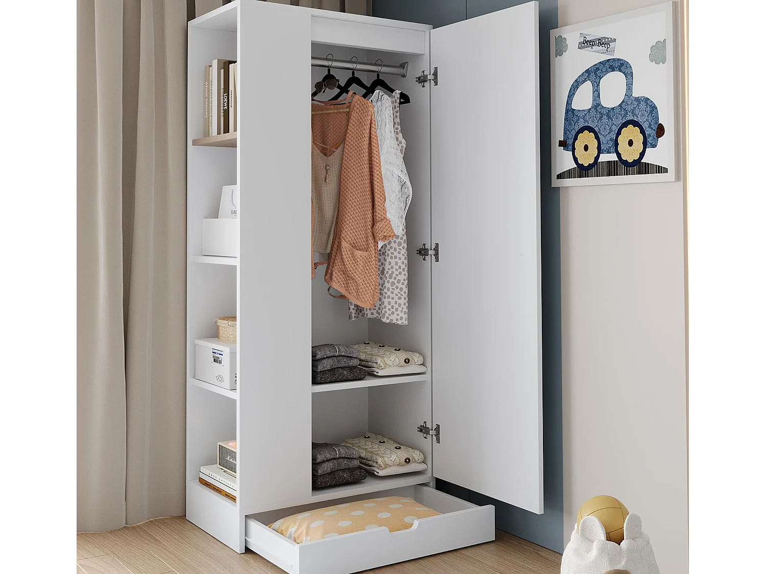 Kleiderschrank 70x40x170 cm - 1 Tür - mit Regalen - 1 Schublade - Weiß