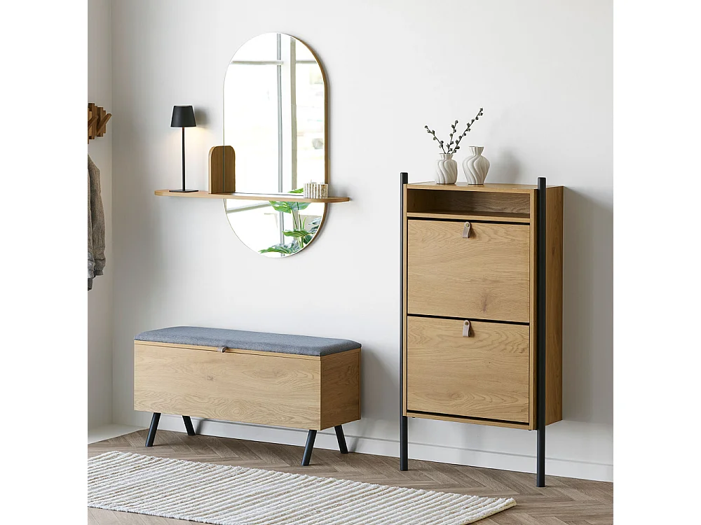 Barco - Meuble à chaussures 2 portes en bois et métal L62cm - Bois clair