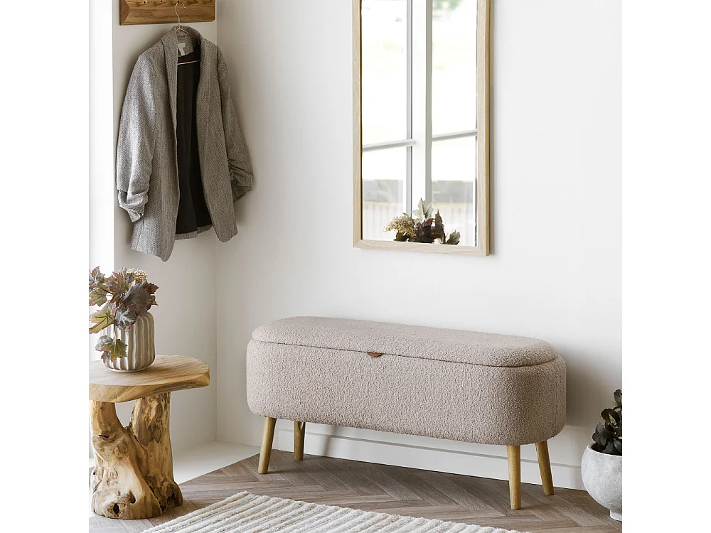 Harlow - Banc coffre en tissu bouclette et bois L95cm - Beige