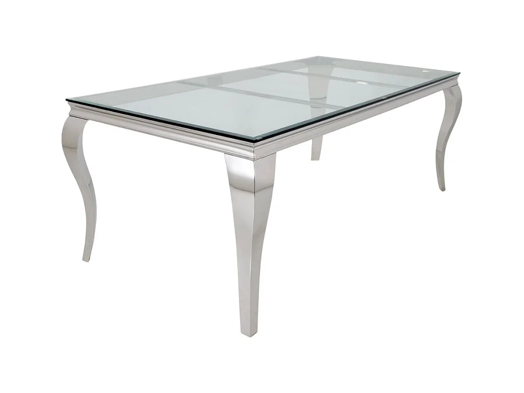 Table de salle à manger VELENA – Rectangulaire 200 cm – Verre trempé et acier argenté – Style baroque chic