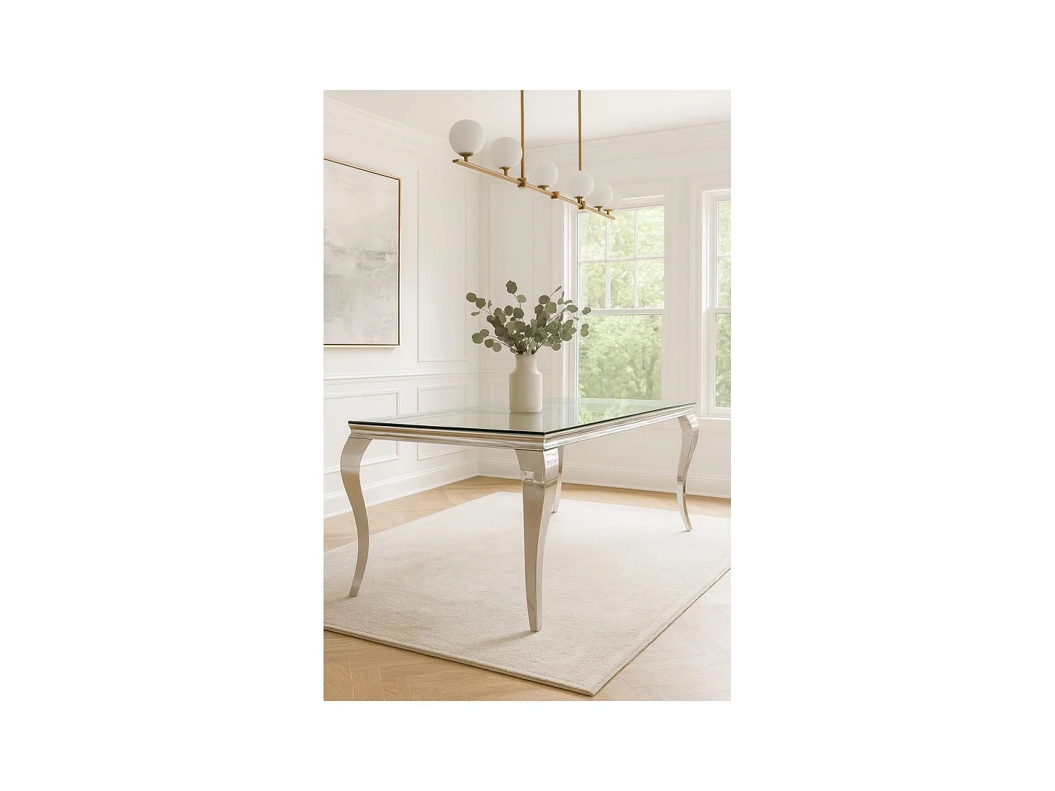 Table de salle à manger VELENA – Rectangulaire 200 cm – Verre trempé et acier argenté – Style baroque chic