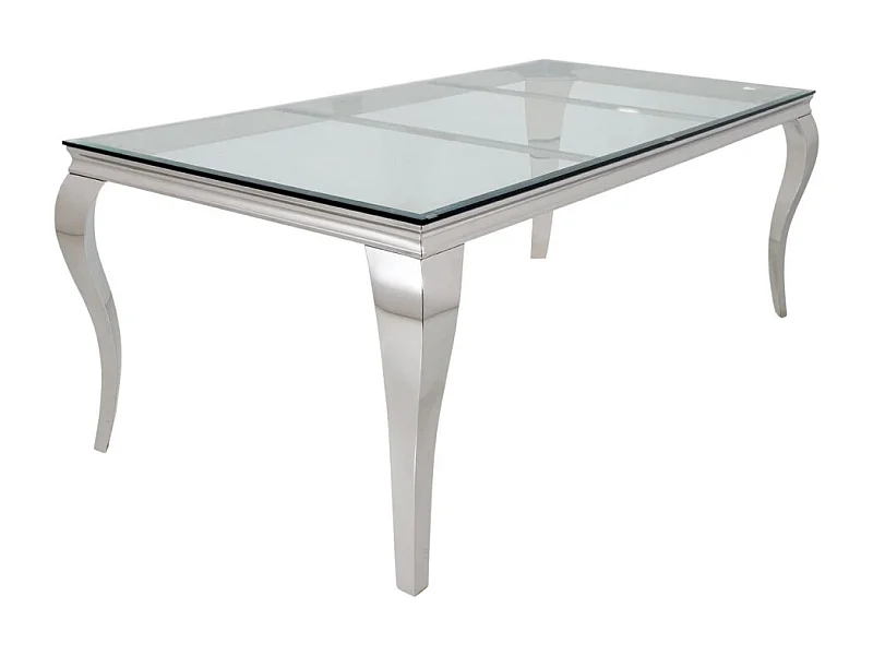 Table de salle à manger VELENA – Rectangulaire 200 cm – Verre trempé et acier argenté – Style baroque chic