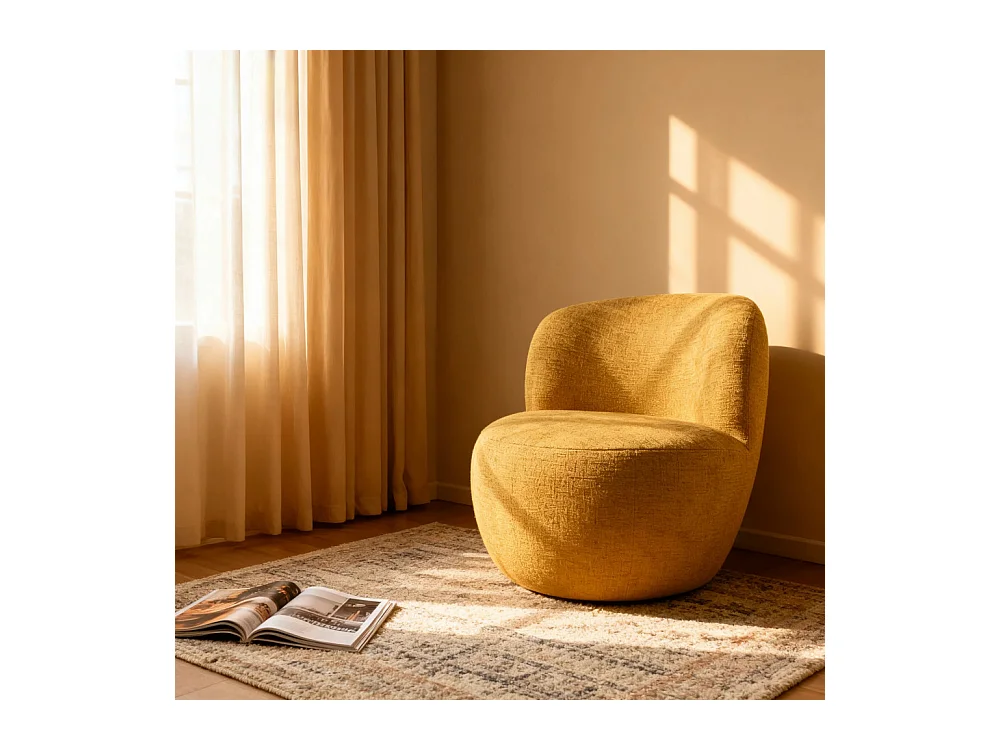 Mo - Fauteuil rond en tissu chenille - Jaune moutarde