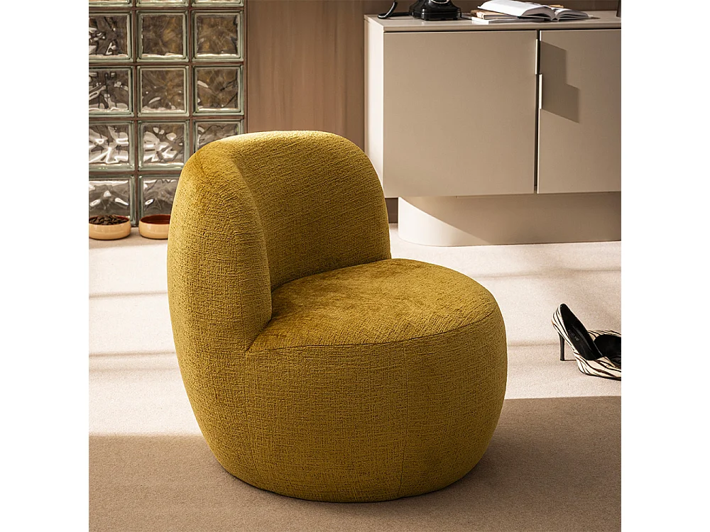 Mo - Fauteuil rond en tissu chenille - Jaune moutarde