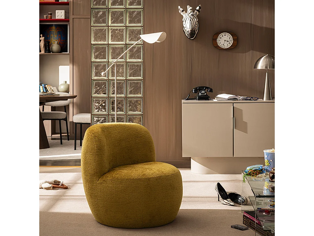 Mo - Fauteuil rond en tissu chenille - Jaune moutarde