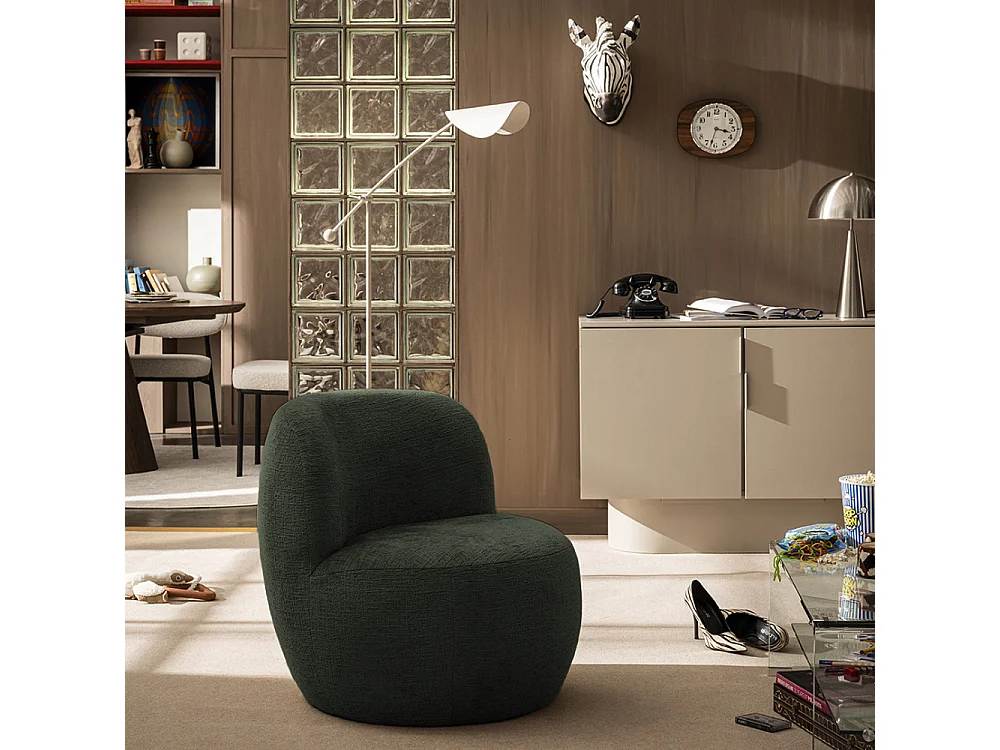 Mo - Fauteuil rond en tissu chenille - Vert kaki