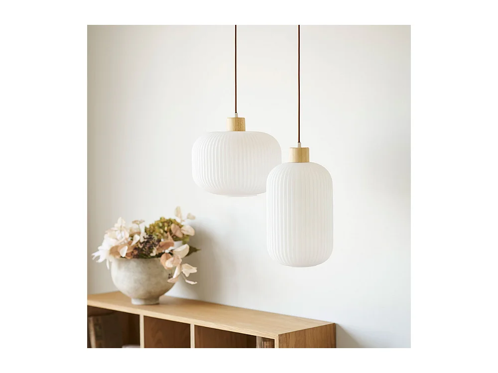 Argalo - Suspension ronde en verre et bois ø30cm - Blanc