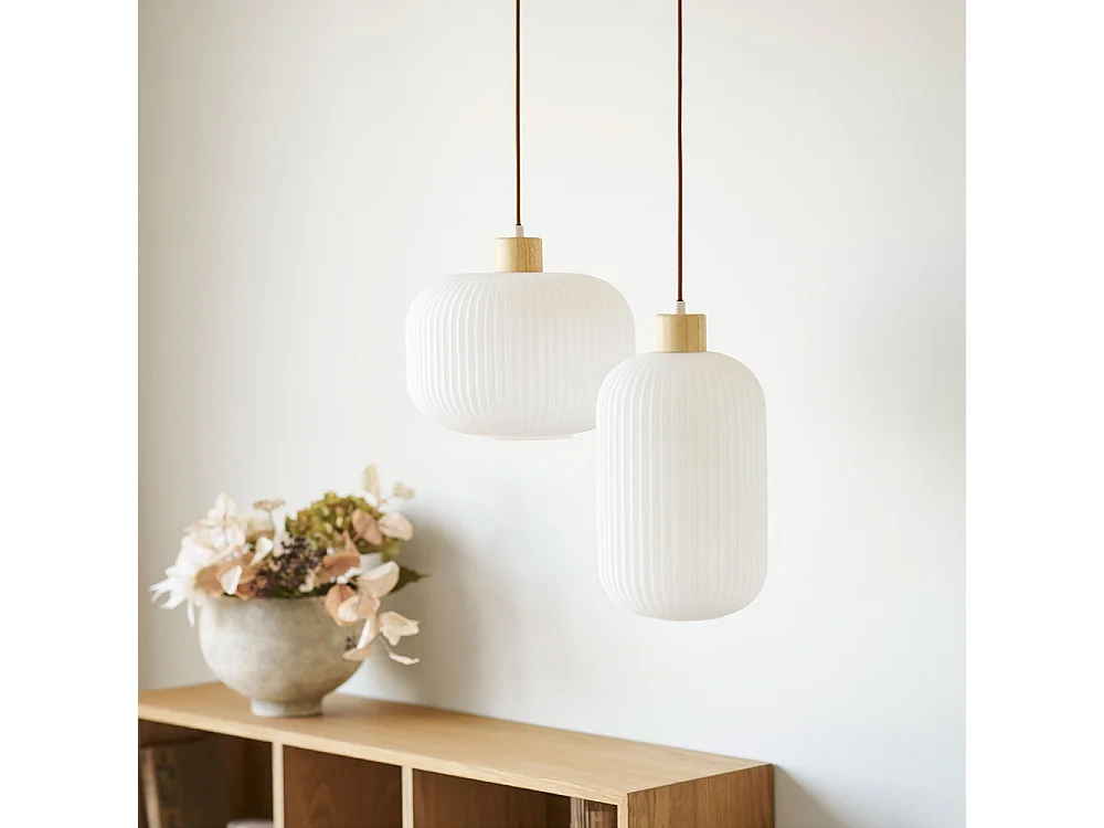 Argalo - Suspension ronde en verre et bois ø30cm - Blanc