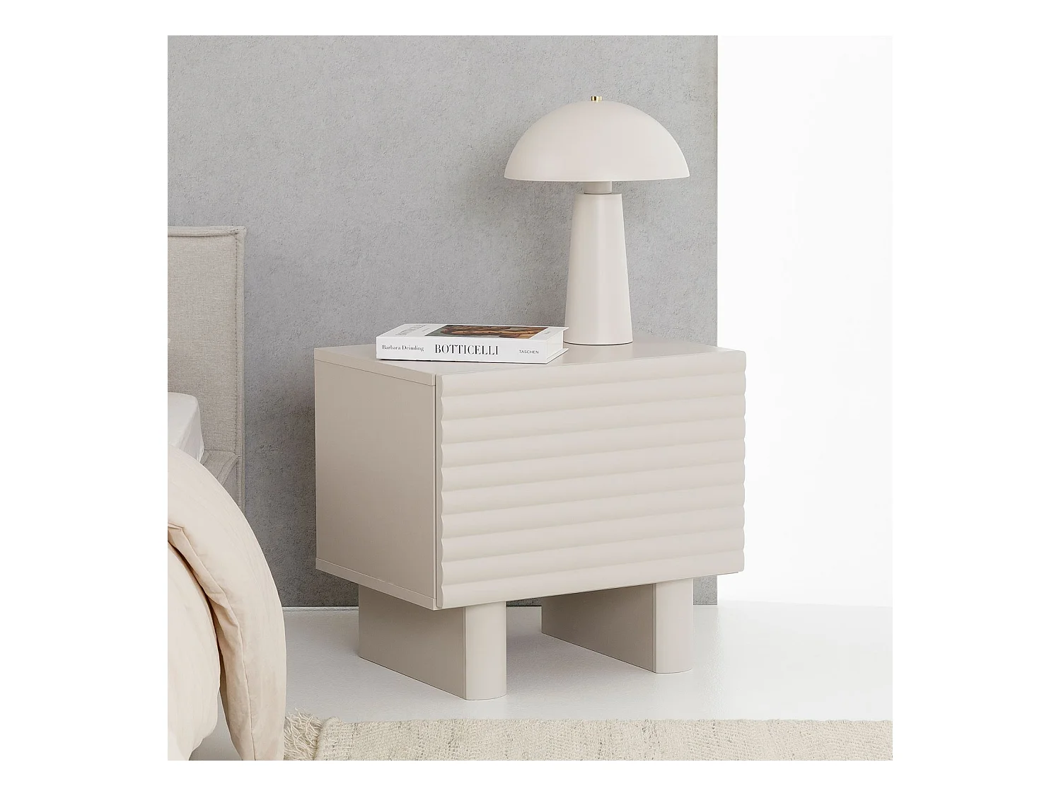 Table de chevet TURKU H 46 cm avec 1 Porte Style Cannelé, Couleur Blanc Cachemire, Design Moderne