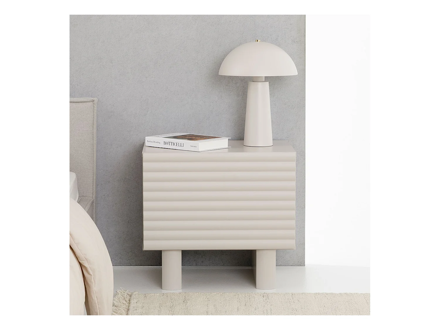 Table de chevet TURKU H 46 cm avec 1 Porte Style Cannelé, Couleur Blanc Cachemire, Design Moderne